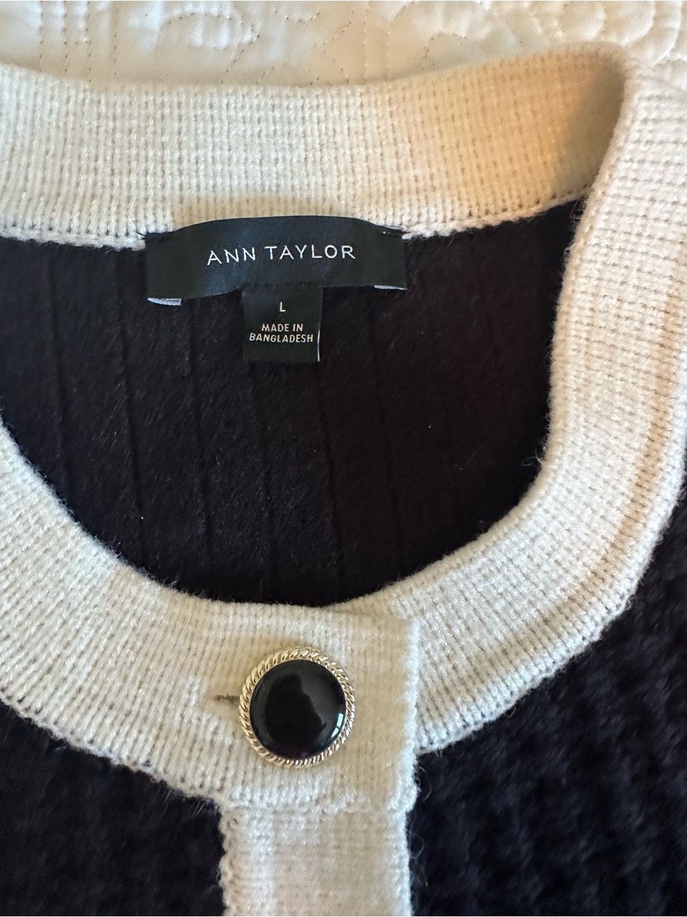 Ann Taylor Black and Cream Contrast-Trim Button Sweater Jacket - Picture 5 of 9